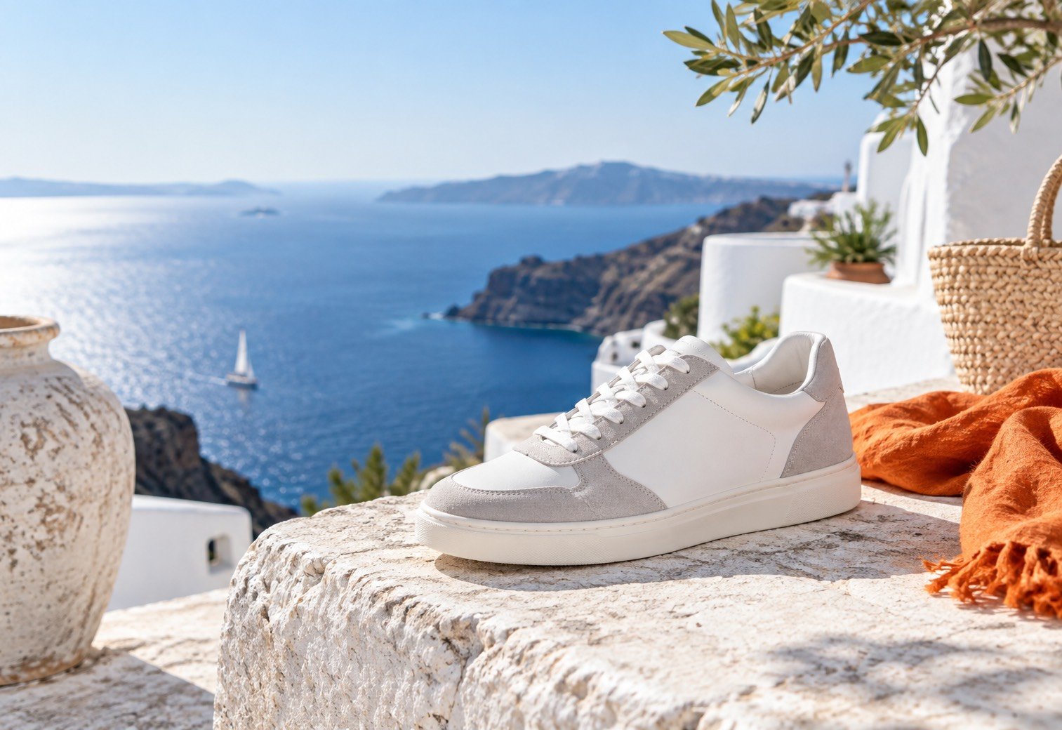Unmarkierter Sneaker vor einer Meeresküste